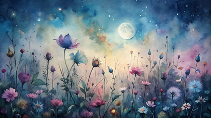 Fototapeta na wymiar Watercolor background of wildflowers illuminated by moonlight