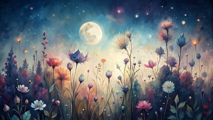 Fototapeta na wymiar Watercolor background of wildflowers illuminated by moonlight