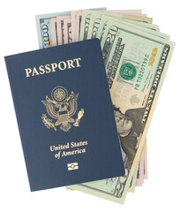 Passport USA and American money dollars bills. Citizen, citizenship. United States of America. Immigration. Identity documents. US Embassy. Passport for Visa. American people. Cost or price Passport