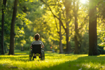 Little boy on wheelchair in park, sunny day.