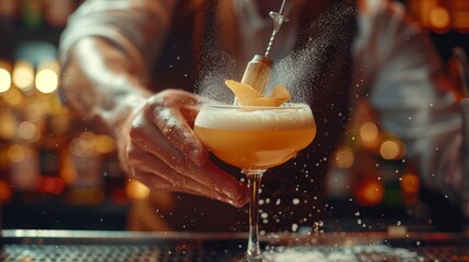 A skilled bartender expertly crafts a cocktail, showcasing the art of mixology with a dynamic splash of citrus zest in a vibrant bar atmosphere