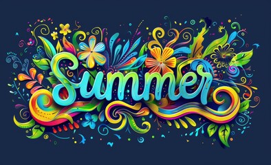 summer with colorful swirls and flowers, text "Summer" in the center on dark blue background Generative AI