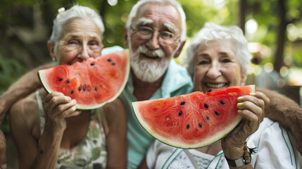 Senior Woman And Man Couple Enjoying Watermelon Together, Showing Love And Togetherness In Summer - Healthy Eating Concept For The Elderly - Powered by Adobe