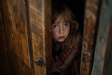 A captivating image of a young girl with wide eyes peeking out from a slightly ajar wooden door, expressing curiosity and innocence