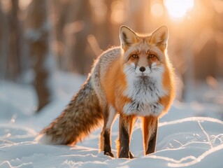 Fototapeta premium Stunning image of a red fox bathed in the golden light of a winter sunset, highlighting its vivid fur and alert expression in a snowy forest