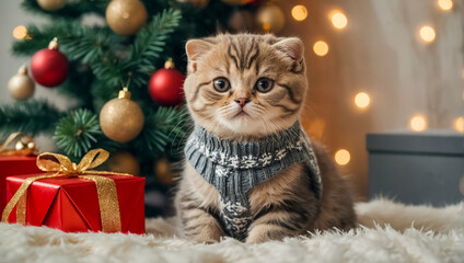 funny cat in a sweater, Christmas tree, gift boxes