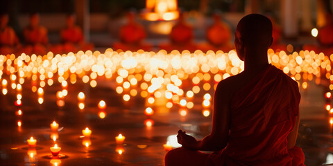 Fototapeta premium Buddhist monks in meditation, praying, in the center there are many lit candles, free space for dough