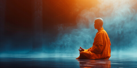 Buddhist monk in meditation, praying, in a secluded space with fog and rays passing through it, free space for a test