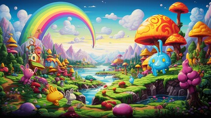 Vibrant fantasy landscape with whimsical creatures and colorful vegetation under a sunset sky