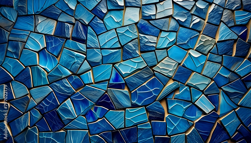 Wall mural Blue ceramic mosaic background, blue wallpaper. Summer atlantic ocean blue mosaic tiles texture. Decoration and design