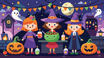 Join us for a night of magic and mystery on Halloween, with wicked pumpkins, bats, witches, a black cat, and a sinister castle under the luminous full moon. Mystical banner illustration.
