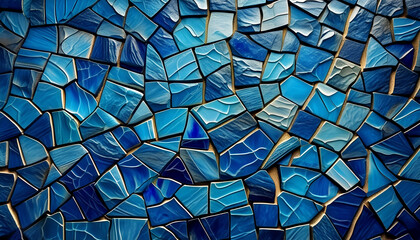 Blue ceramic mosaic background, blue wallpaper. Summer atlantic ocean blue mosaic tiles texture. Decoration and design