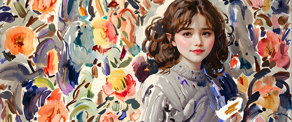 A portrait of a young girl with wavy hair amidst a painted floral background, highlighting her gentle expression