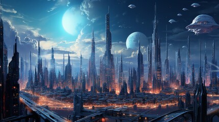 Stunning retro-futuristic cityscape with glowing neon lights and towering skyscrapers under a starry sky