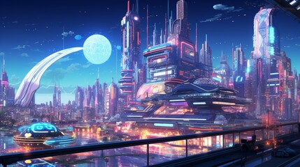 Stunning retro-futuristic cityscape with glowing neon lights and towering skyscrapers under a starry sky