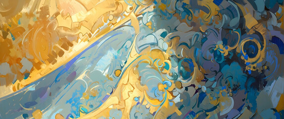 A luxurious abstract image with swirling gold and blue tones suggesting opulence and tranquility