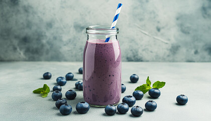 Blueberry smoothie in glass bottle with paper straw. Tasty and healthy beverage. Delicious drink.