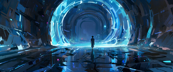 A figure stands before a grand illuminated portal, set against the backdrop of a futuristic desolate landscape suggesting exploration