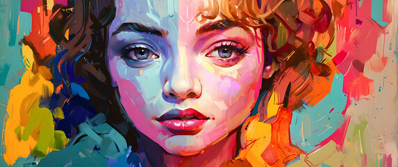 Close-up digital painting of a young woman's face with a colorful, impressionistic style
