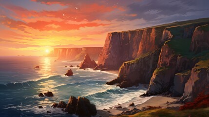 Stunning coastal sunset with waves crashing on rocks and a serene evening sky