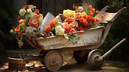 Charming rustic scene of a vintage wheelbarrow overflowing with colorful flowers