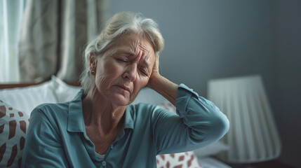 Senior Woman With Headache Pain Problem, Lying In Bed At Home, Upset And Unhappy, Suitable For Elderly Health Or Retirement Lifestyle Content