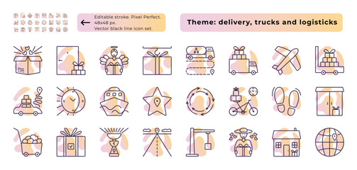 Supply chain, trucks, logistic, delivery. Vector line icon set with light gradient background. 24 signs - 48x48 px (editable stroke, pixel perfect) and 300x300 px pictograms