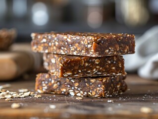 Healthy bars with nuts, seeds and dried fruits on the table,