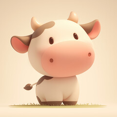 Fototapeta premium Cute Cow Standing on Green Grass on a Beige Background