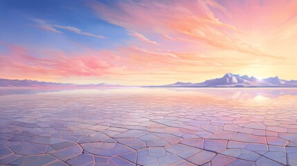 Stunning pink sunset over a vast salt flat with intricate dry cracks and tranquil waters