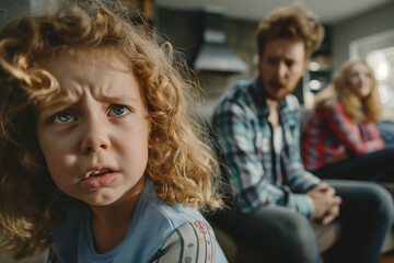 Obraz premium Little crying girl frustrated with psychological problem caused by mom and mother arguing, family conflicts or divorce impact on child concept.