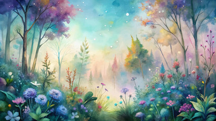 Watercolor background of wildflowers in a mystical forest