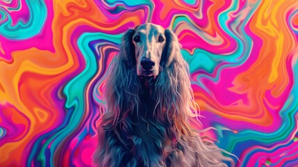 A long-haired dog set against a vibrant, psychedelic swirling color pattern, creating an eye-catching contrast