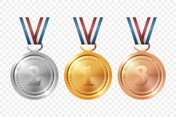 Vector Realistic Blank Golden, Silver, Bronze Award Medal Icon Set, Isolated. Design Template for Certificates, Awards. Front View
