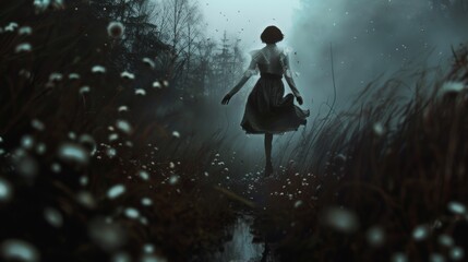 A surreal image showing a girl levitating above a misty stream in a forest, with white flowers adding to the mystical vibe