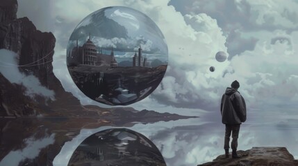 An individual gazes at a mountain city encapsulated in a bubble, reflecting on a water surface