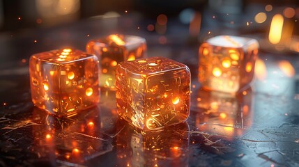 Luminous fiery dice on metallic surface, glowing warmly in dim light