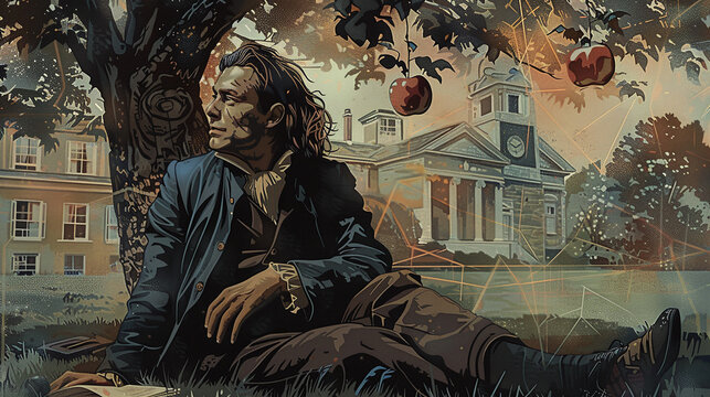 vintage style illustration of Isaac Newton resting under an apple tree. Discovery of the law of gravity, physics, XIX century icon, scientist