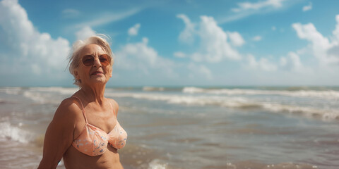 A woman in a bikini is standing on the beach