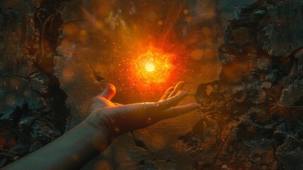 Mystical silhouette of a hand reaching towards a glowing fiery orb in a cracked, volcanic landscape