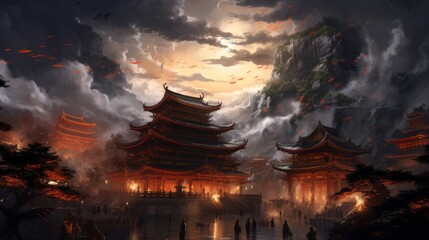 Fototapeta premium A mystical atmosphere as ancient Chinese pagodas are illuminated under a dramatic stormy sky