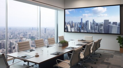 This modern conference room features a large screen displaying an impressive city skyline, with a long table set for a meeting