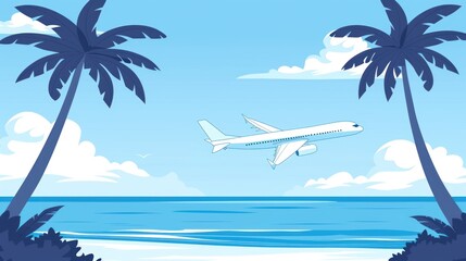 A plane flying over a beach with palm trees and the ocean.