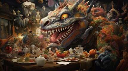 Fototapeta premium A whimsical and highly detailed depiction of a fantasy dragon enjoying a spread of a tea party