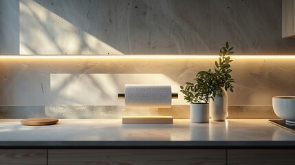 a minimalist scene featuring a modern paper towel holder with a roll mounted on it, set against a clean, neutral kitchen wall