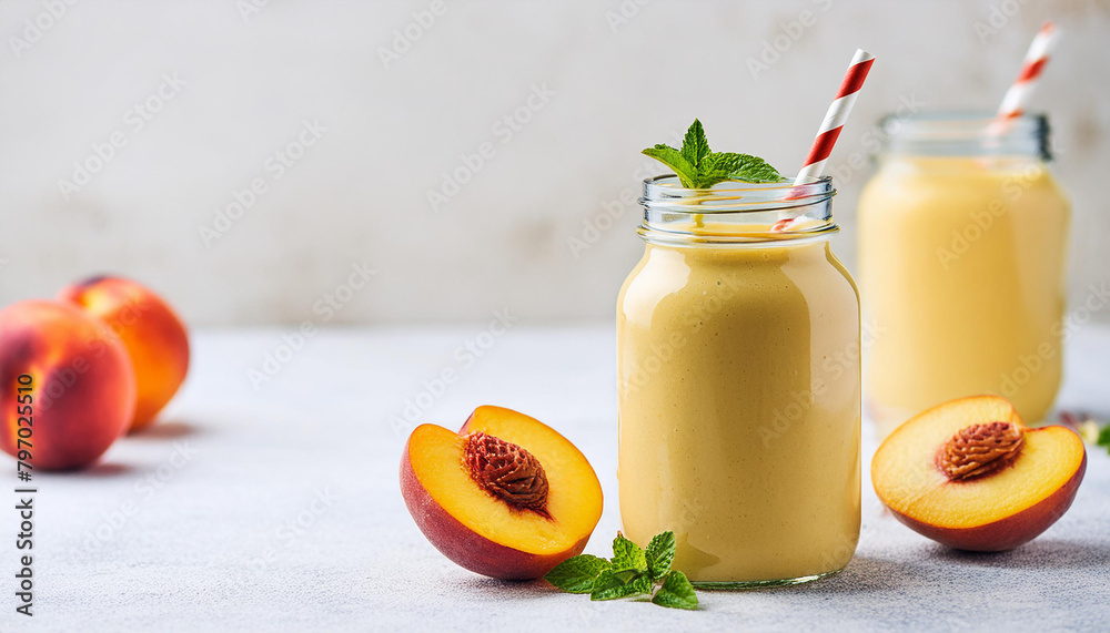 Wall mural peach smoothie in glass bottle with paper straw. tasty and healthy beverage. delicious summer drink.