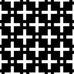 Crosses, checks ornament. Embroidery background. Ethnic mosaic. Tribal motif. Folk wallpaper. Cross shapes, squares backdrop. Seamless pattern. Digital paper, textile print, abstract. Vector artwork.
