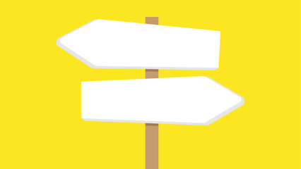 Illustration of a double directional sign post with two blank arrow signs pointing in opposite directions, set against a yellow background. © MAHIJO