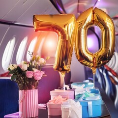 Golden metallic helium balloons number 70 with flowers bouquetsand gifts on board of a luxurious private business jet airplane