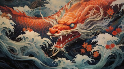 A powerful Asian dragon with shades of orange, coils amidst oceanic waves, encircled by falling...